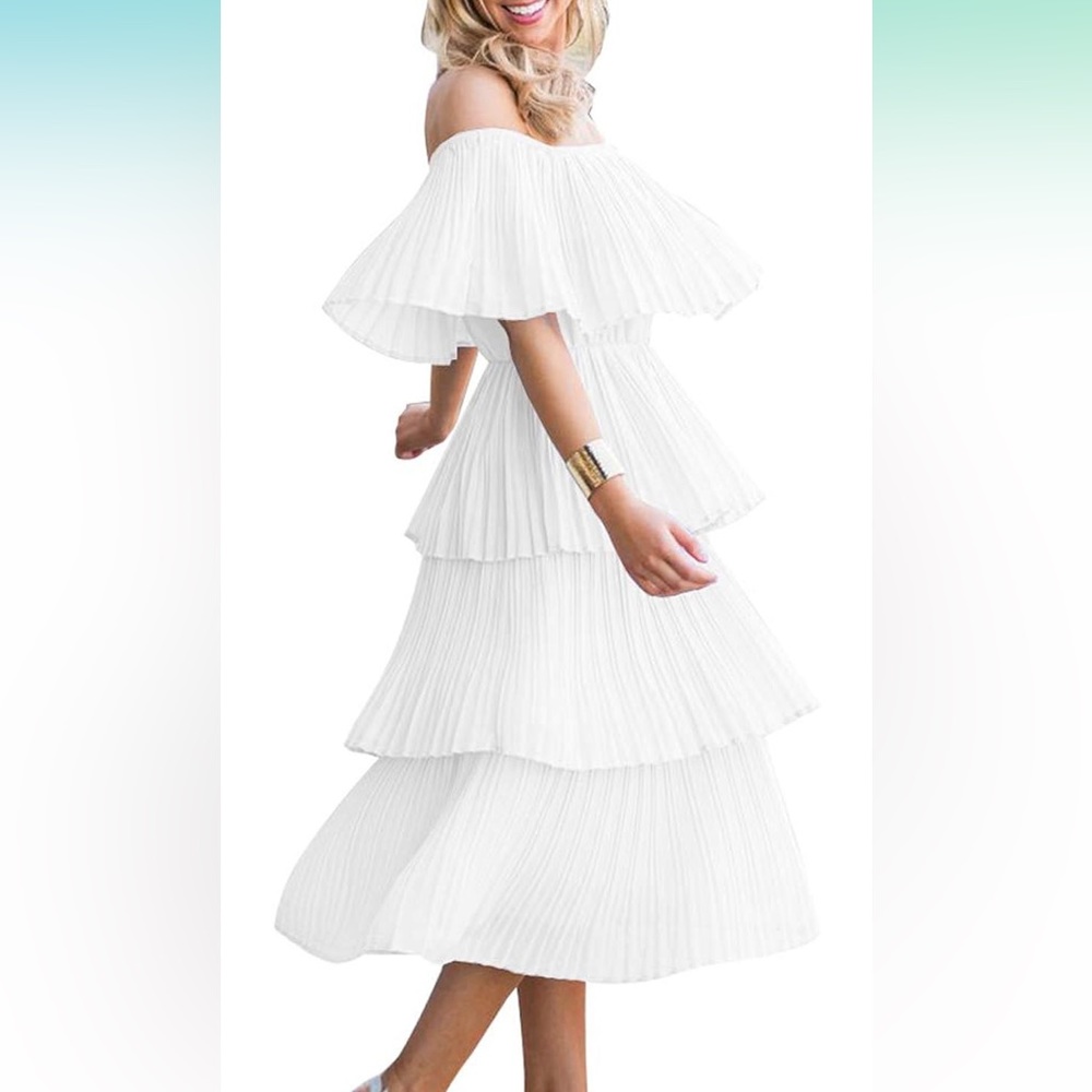 Off The Shoulder Ruffled Tiered Dress in White